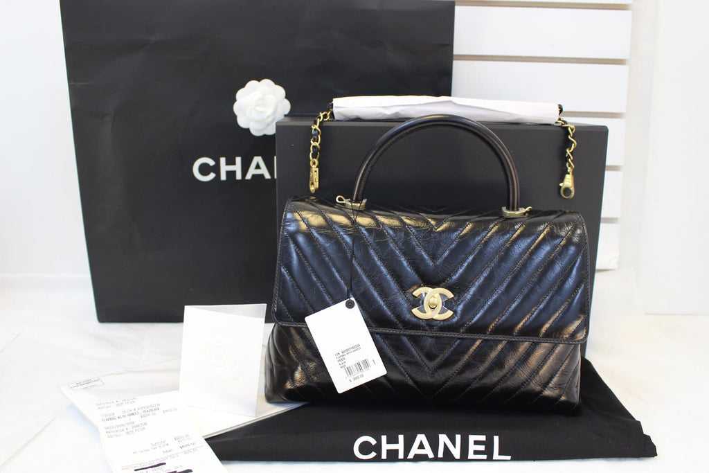 Chanel Handle Bag Black Leather Quilted  Chevron Top