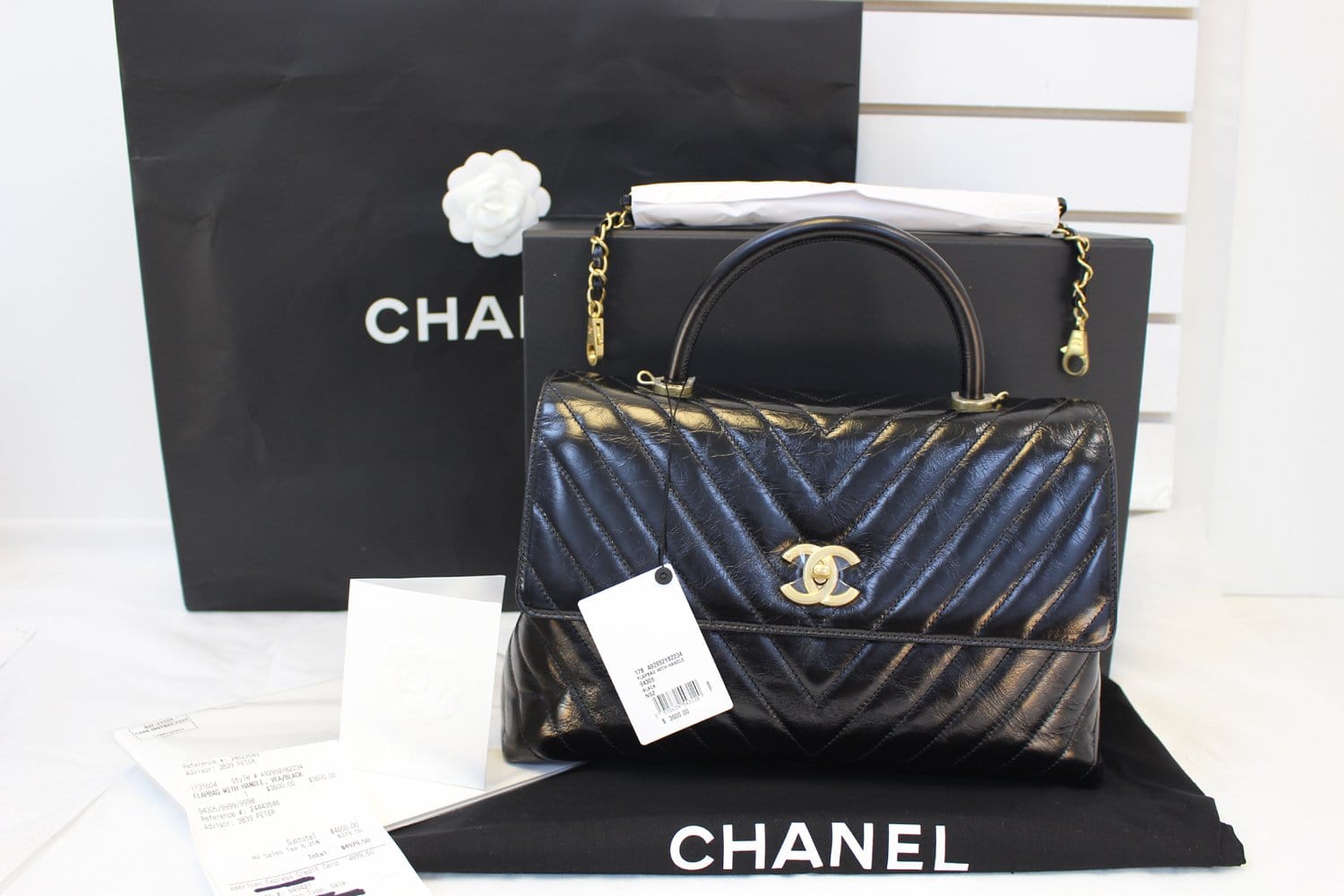 Chanel Handle Bag Black Leather Quilted  Chevron Top