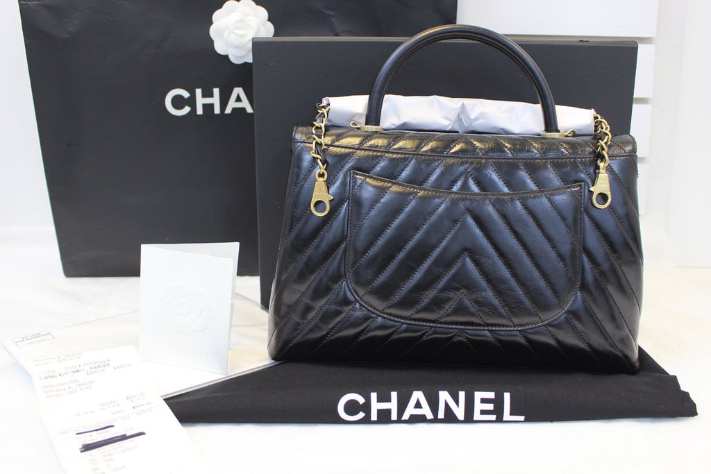 Chanel Handle Bag Black Leather Quilted  Chevron Top