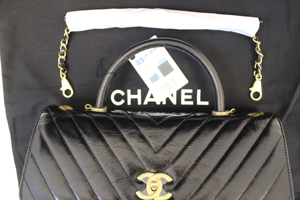 Chanel Handle Bag Black Leather Quilted  Chevron Top