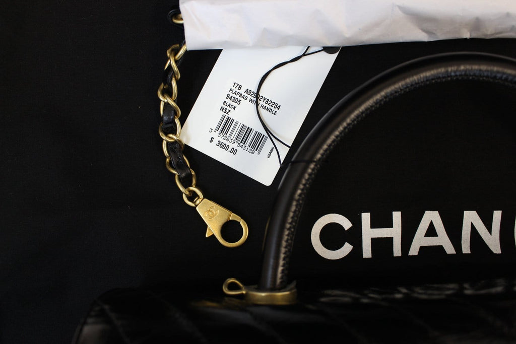 Chanel Handle Bag Black Leather Quilted  Chevron Top