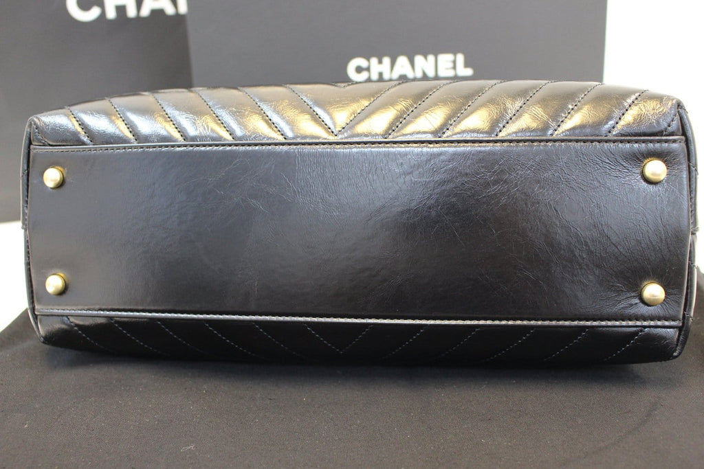 Chanel Handle Bag Black Leather Quilted  Chevron Top