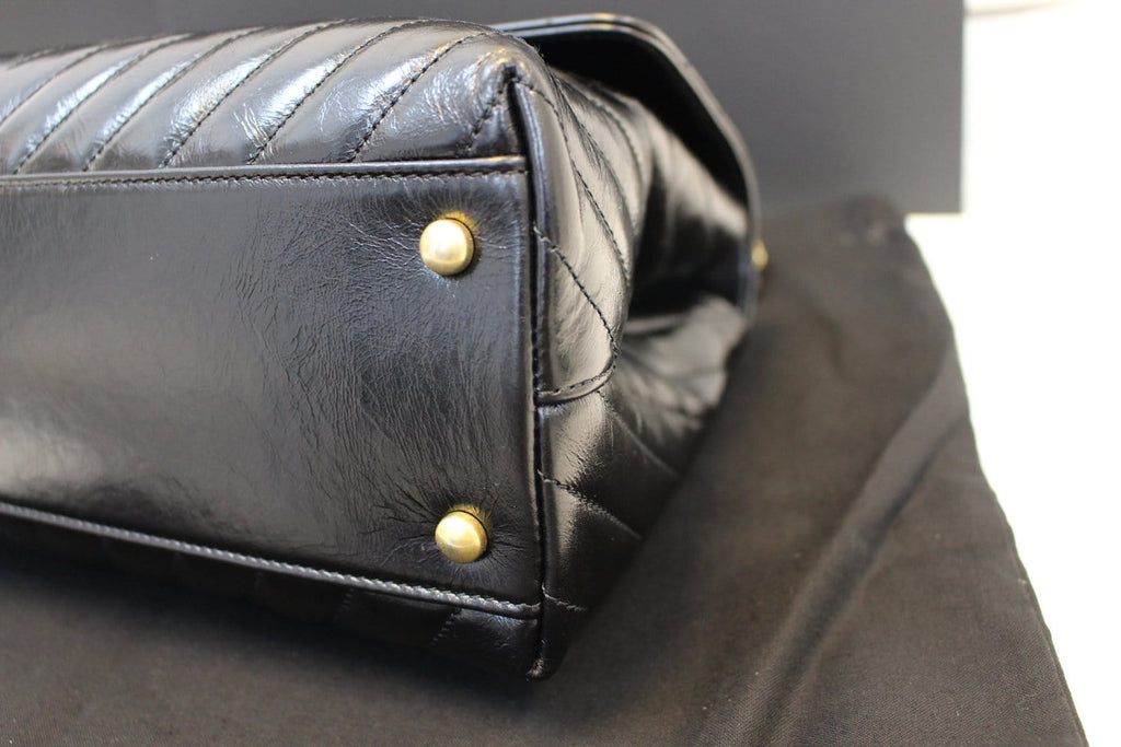 Chanel Handle Bag Black Leather Quilted  Chevron Top