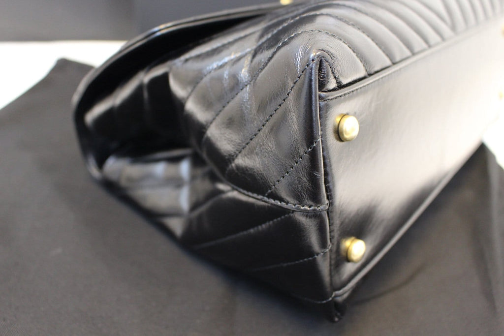 Chanel Handle Bag Black Leather Quilted  Chevron Top