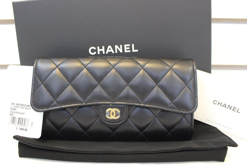 Chanel Wallet Leather Black Quilted  Long Flap