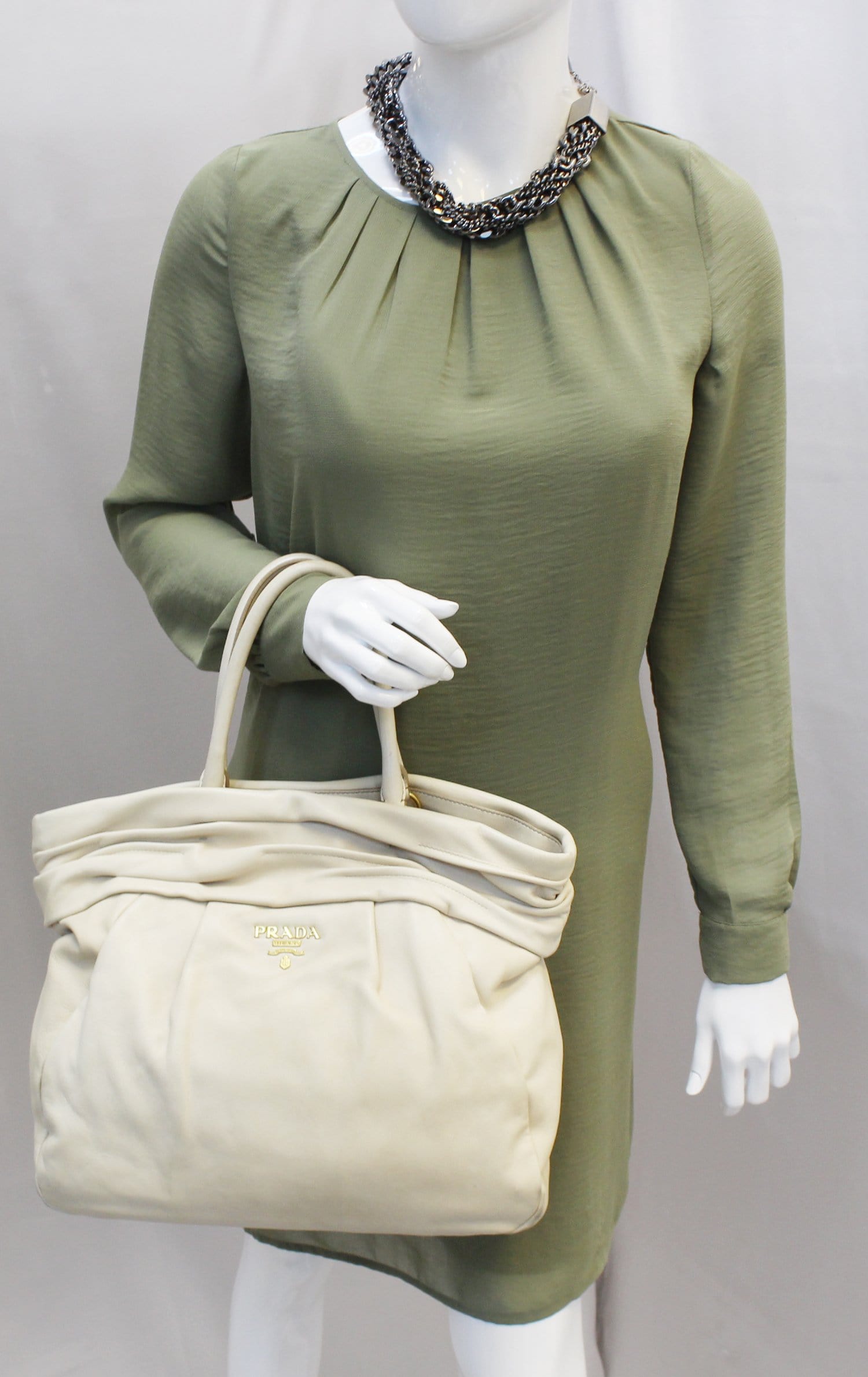 PRADA Nappa Frills Shopping Beige Leather Tote Bag - Last Call