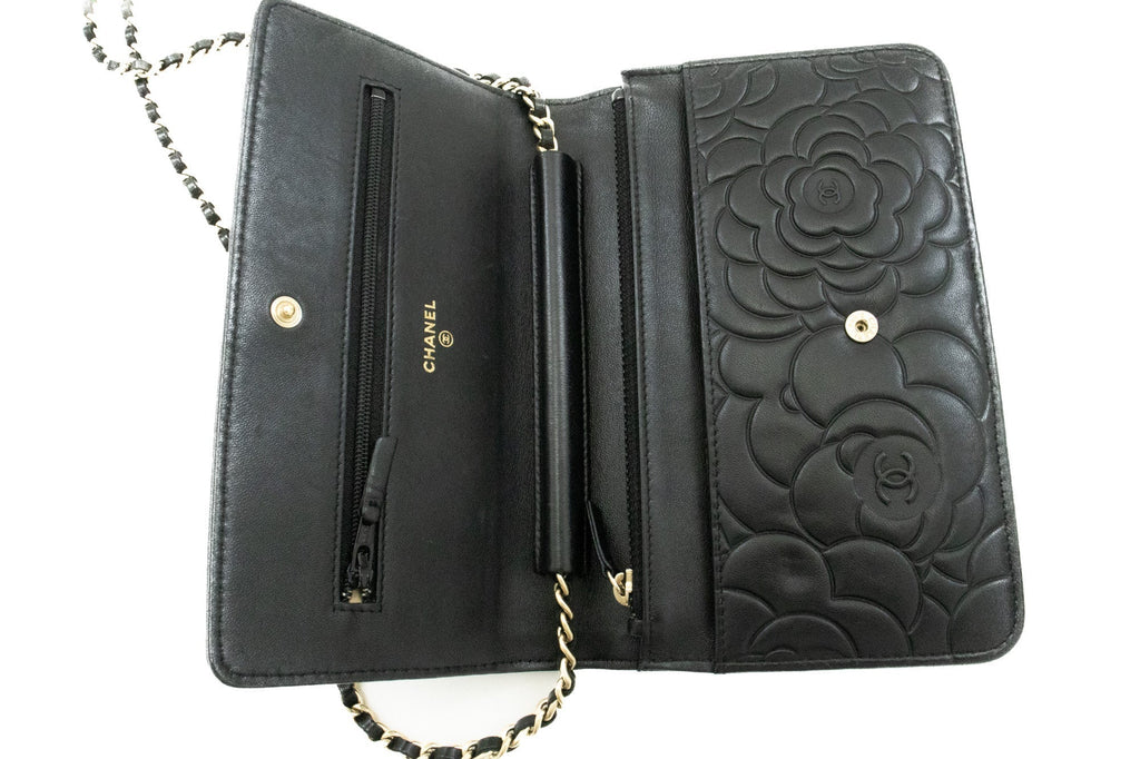 CHANEL Black Camellia Embossed Wallet On Chain WOC Shoulder Bag k53