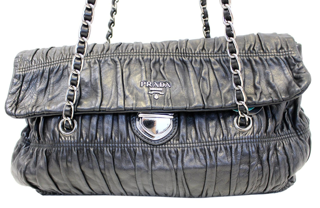 PRADA Black Nappa Leather Gaufre Ruched Flap Shoulder Bag - Sale
