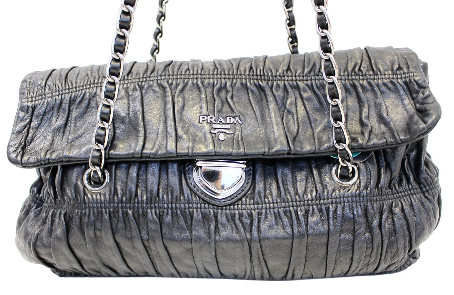 PRADA Black Nappa Leather Gaufre Ruched Flap Shoulder Bag - Sale