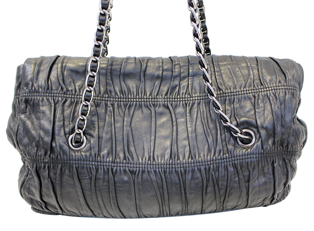 PRADA Black Nappa Leather Gaufre Ruched Flap Shoulder Bag - Sale