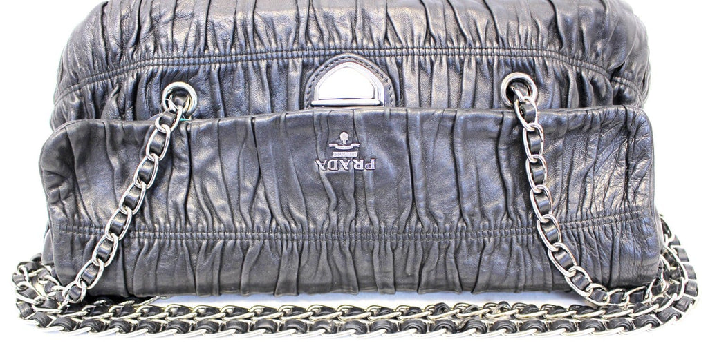 PRADA Black Nappa Leather Gaufre Ruched Flap Shoulder Bag - Sale