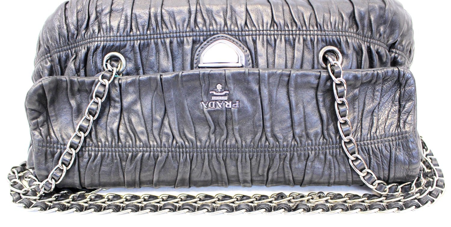 PRADA Black Nappa Leather Gaufre Ruched Flap Shoulder Bag - Sale