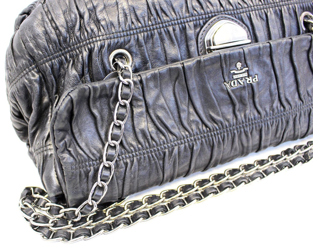 PRADA Black Nappa Leather Gaufre Ruched Flap Shoulder Bag - Sale