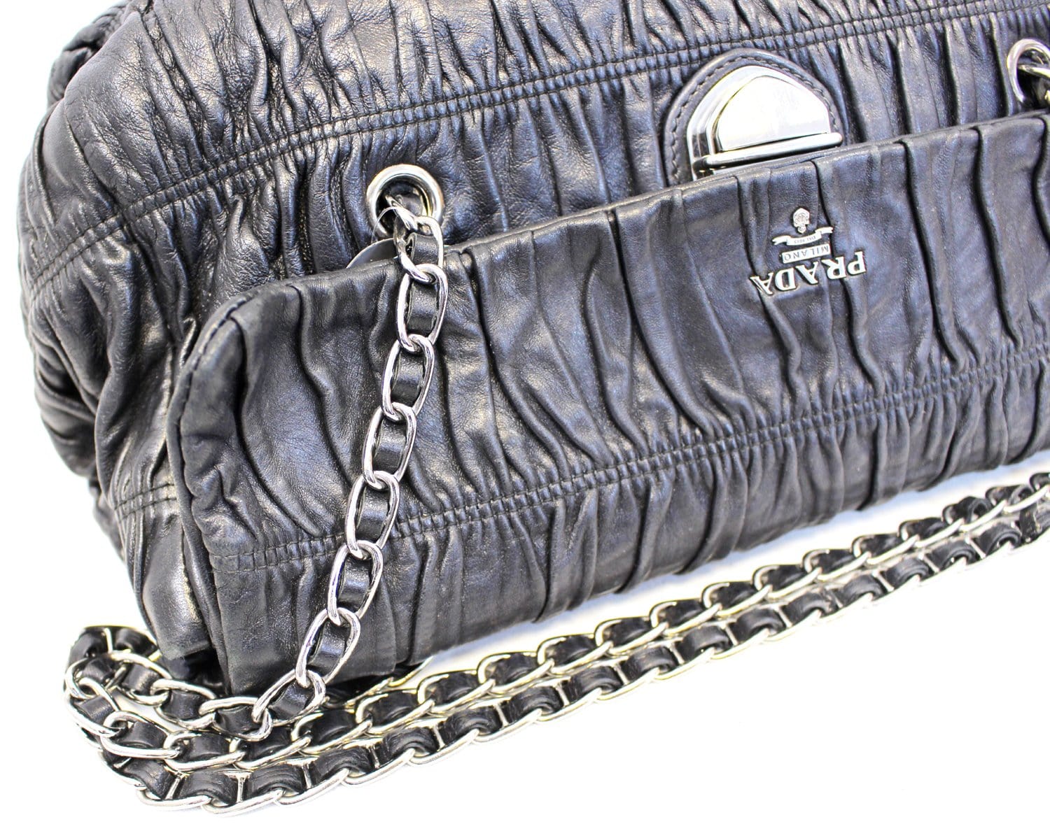 PRADA Black Nappa Leather Gaufre Ruched Flap Shoulder Bag - Sale