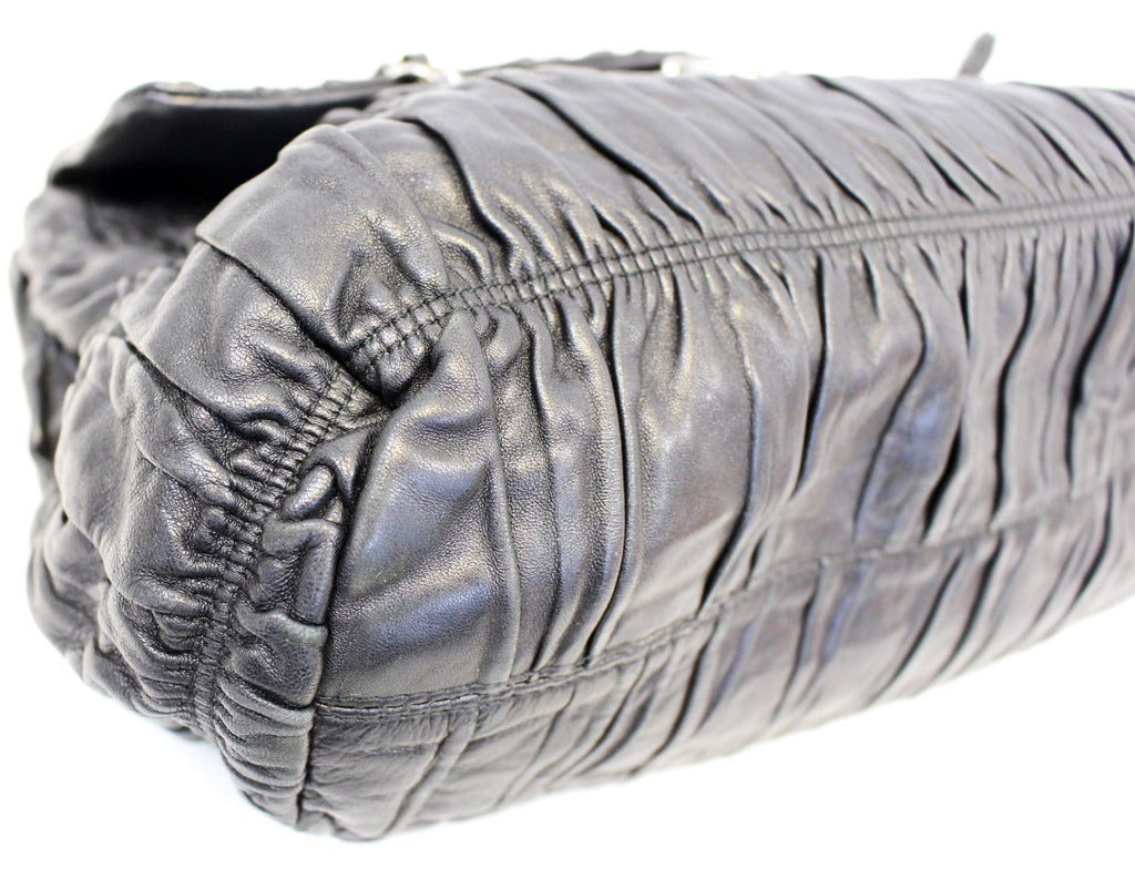 PRADA Black Nappa Leather Gaufre Ruched Flap Shoulder Bag - Sale