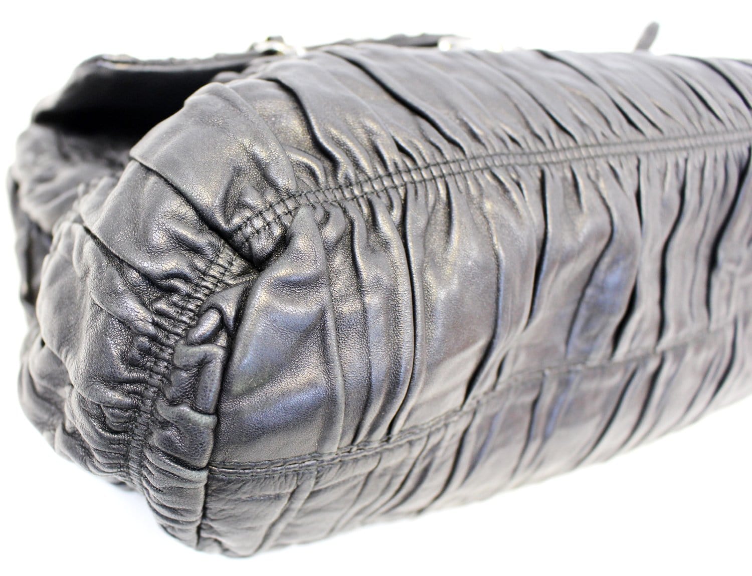 PRADA Black Nappa Leather Gaufre Ruched Flap Shoulder Bag - Sale