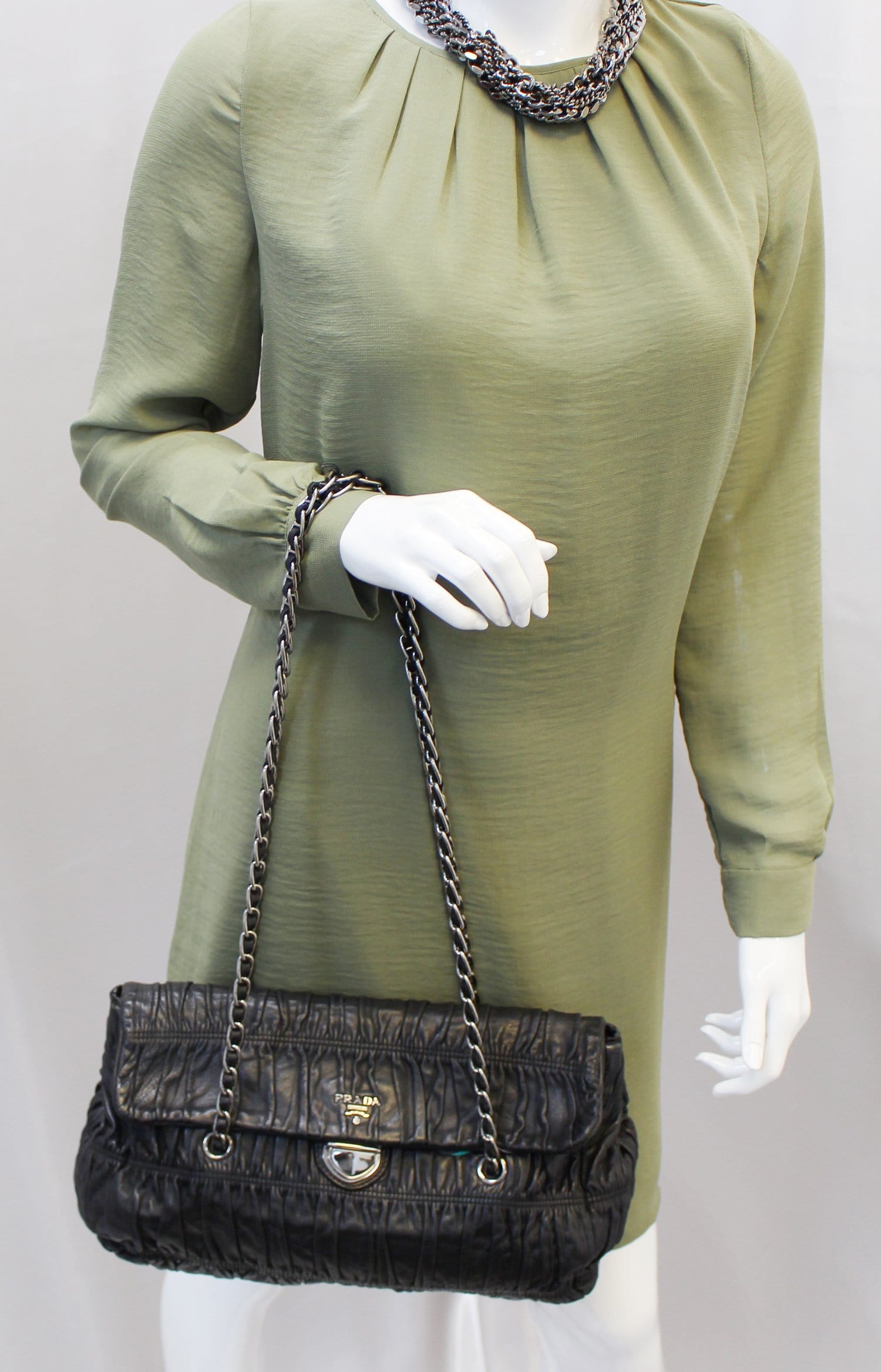 PRADA Black Nappa Leather Gaufre Ruched Flap Shoulder Bag - Sale