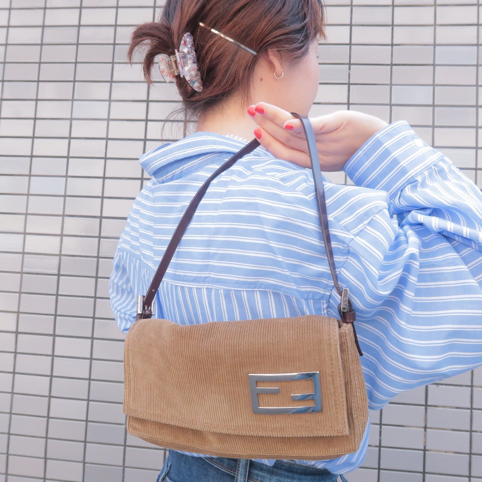 FENDI Corduroy Shoulder Bag Hand Bag Brown 26776 Brown