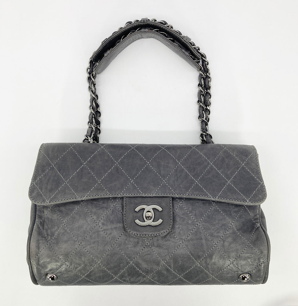 Chanel Gray Distressed Leather Quilted Classic Flap