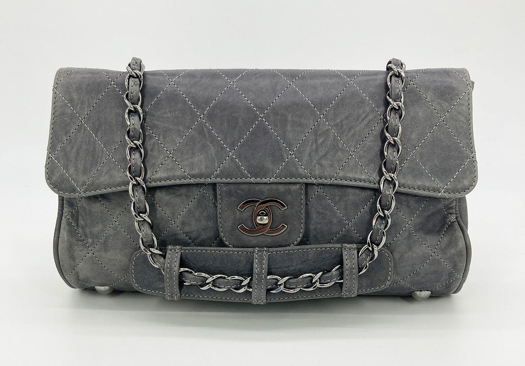 Chanel Gray Distressed Leather Quilted Classic Flap
