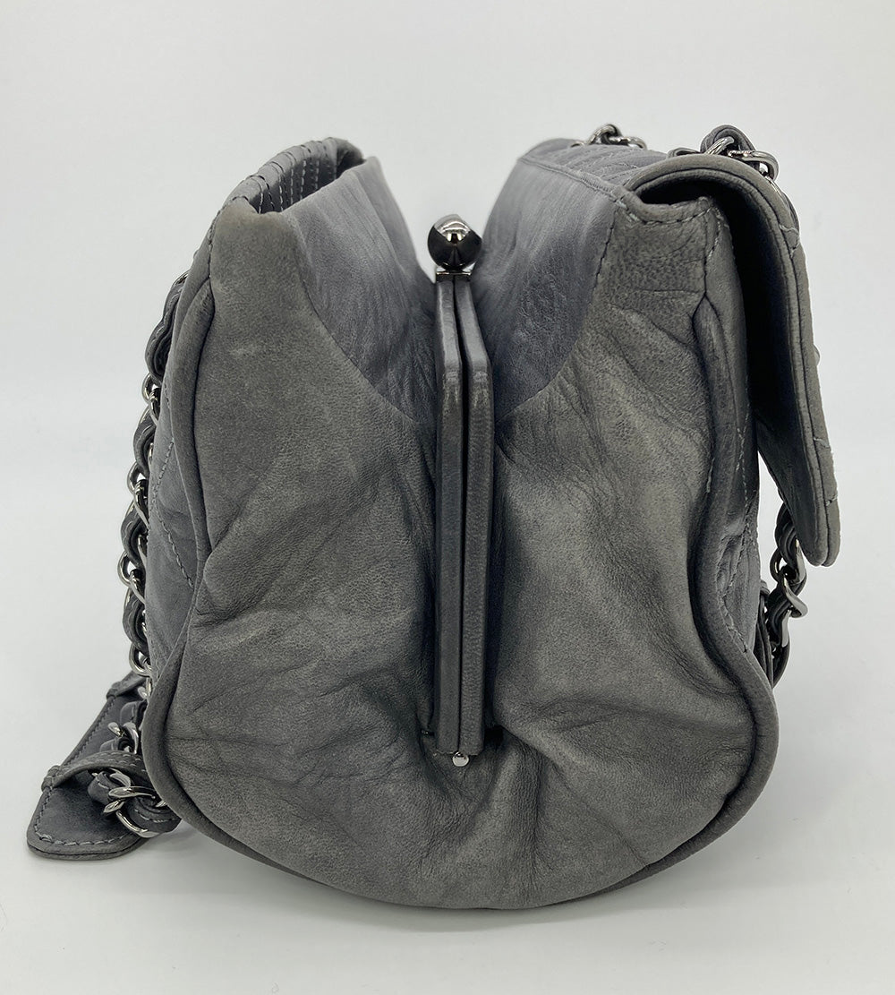 Chanel Gray Distressed Leather Quilted Classic Flap