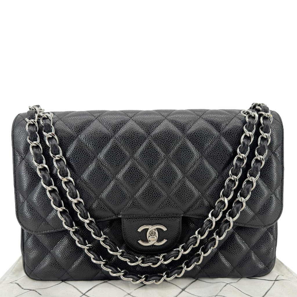Chanel Classic Jumbo Double Flap Quilted Caviar Leather Shoulder Bag Black