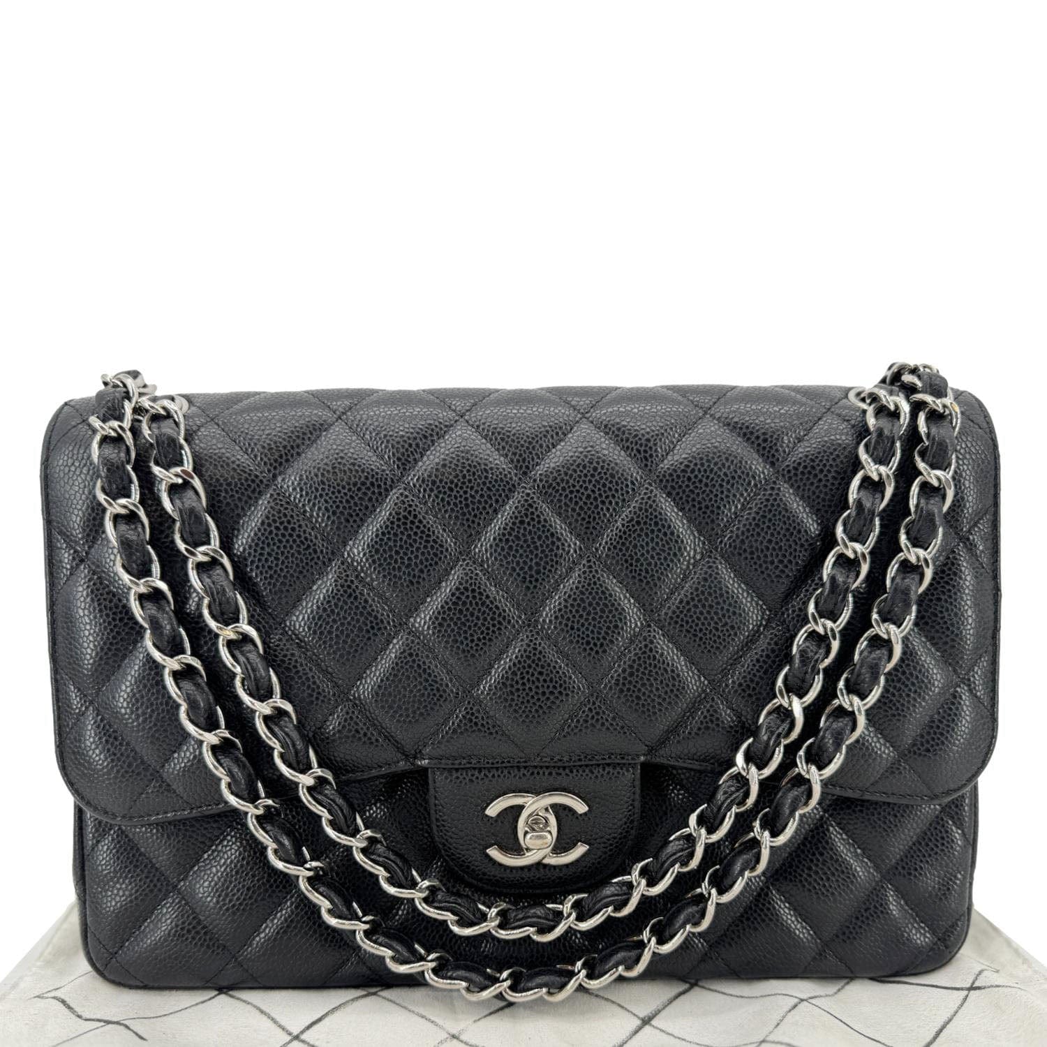 Chanel Classic Jumbo Double Flap Quilted Caviar Leather Shoulder Bag Black