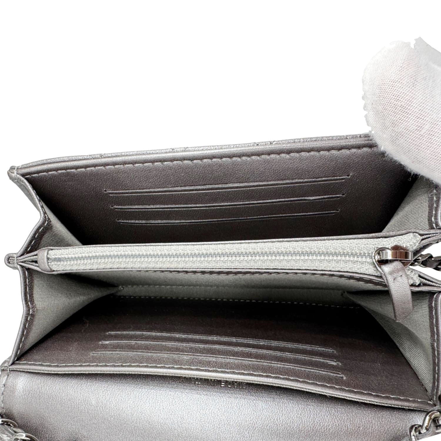 Chanel Pearl My Shoulder Mini Lambskin Quilted Leather Wallet Silver