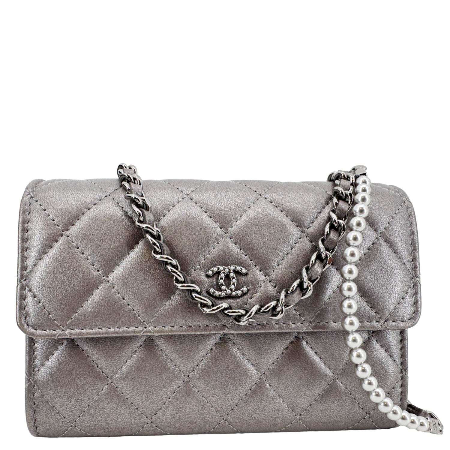 Chanel Pearl My Shoulder Mini Lambskin Quilted Leather Wallet Silver