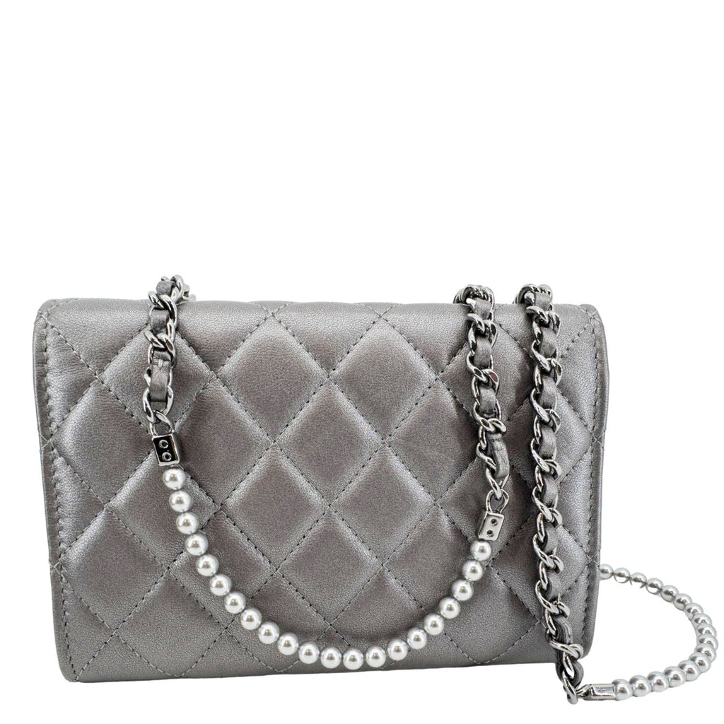 Chanel Pearl My Shoulder Mini Lambskin Quilted Leather Wallet Silver