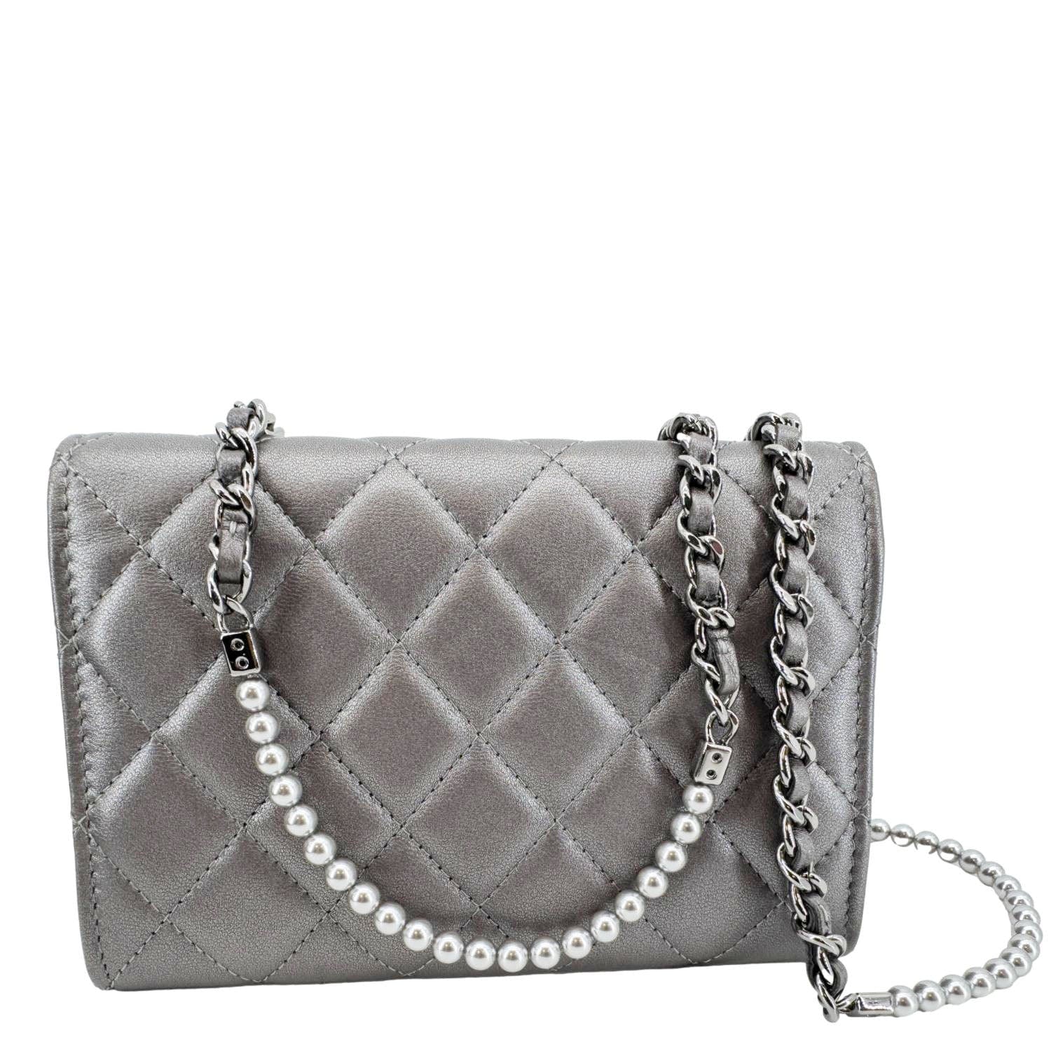 Chanel Pearl My Shoulder Mini Lambskin Quilted Leather Wallet Silver