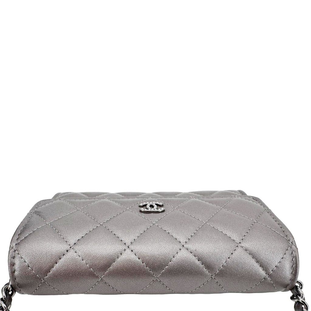 Chanel Pearl My Shoulder Mini Lambskin Quilted Leather Wallet Silver