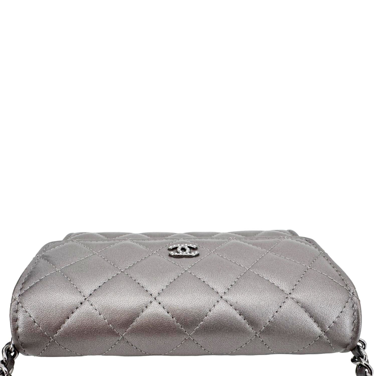 Chanel Pearl My Shoulder Mini Lambskin Quilted Leather Wallet Silver