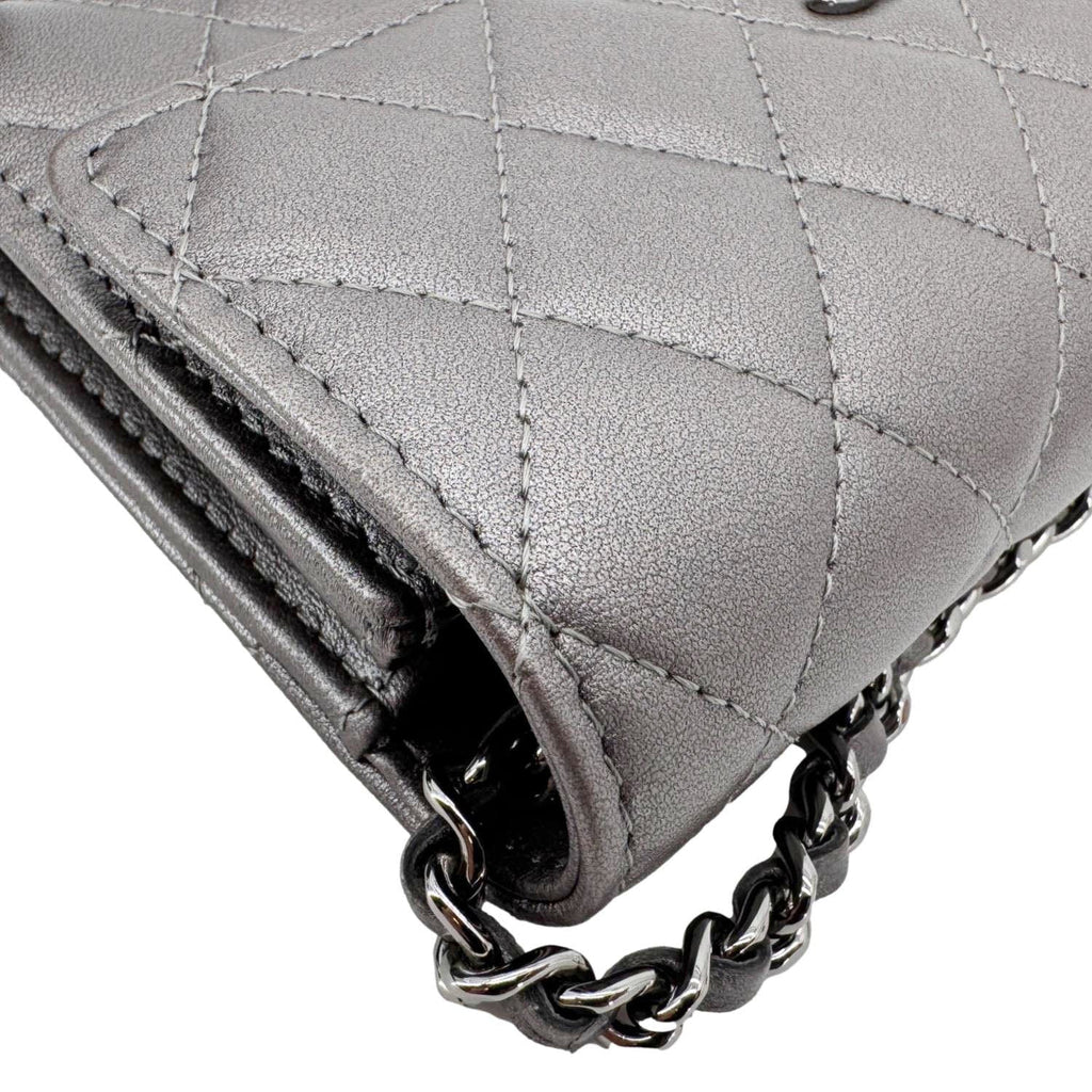 Chanel Pearl My Shoulder Mini Lambskin Quilted Leather Wallet Silver