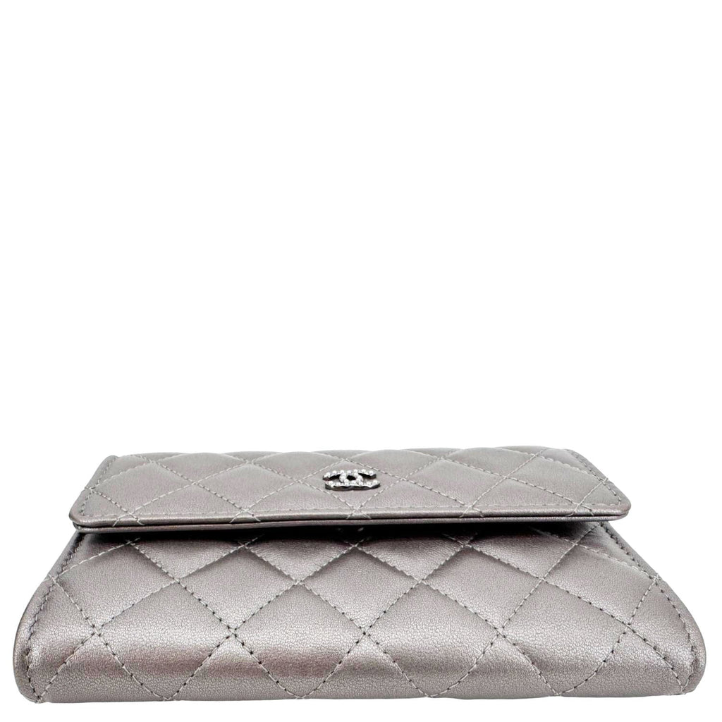 Chanel Pearl My Shoulder Mini Lambskin Quilted Leather Wallet Silver