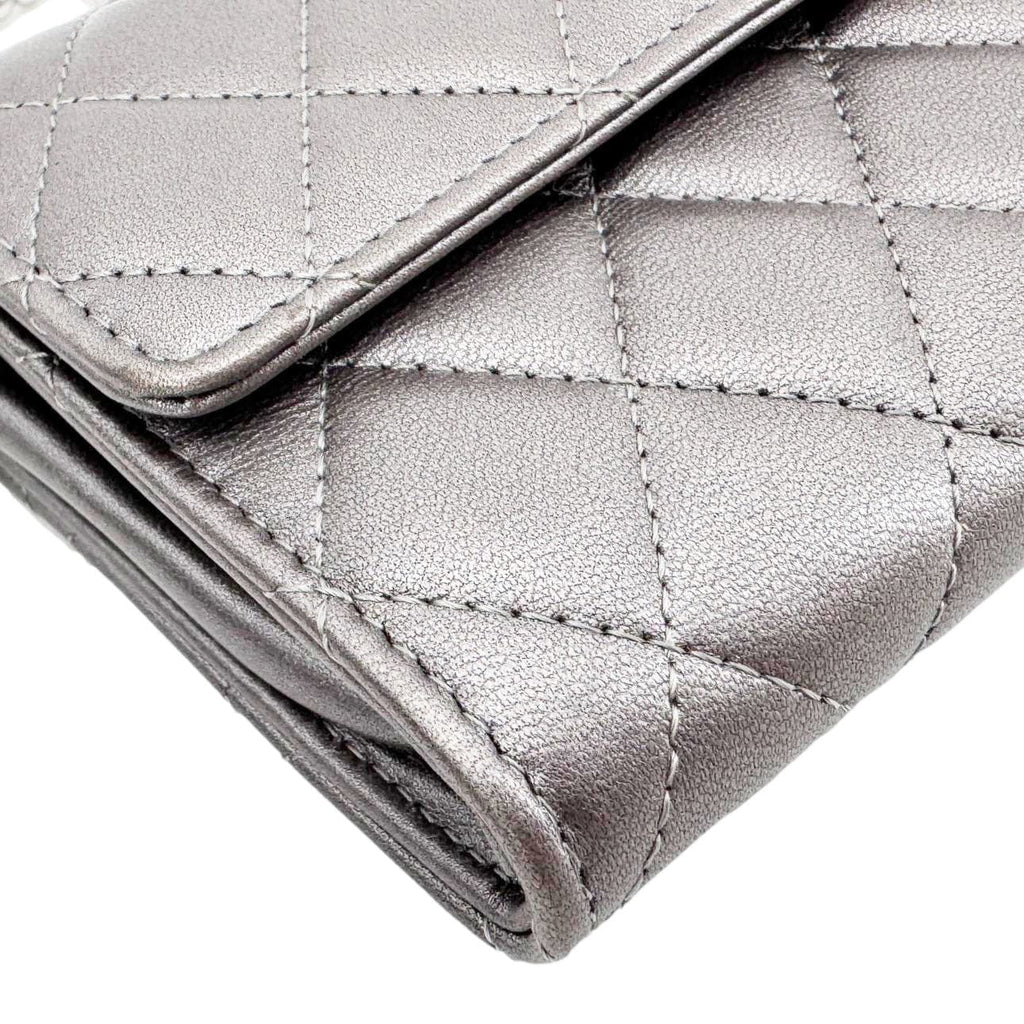 Chanel Pearl My Shoulder Mini Lambskin Quilted Leather Wallet Silver