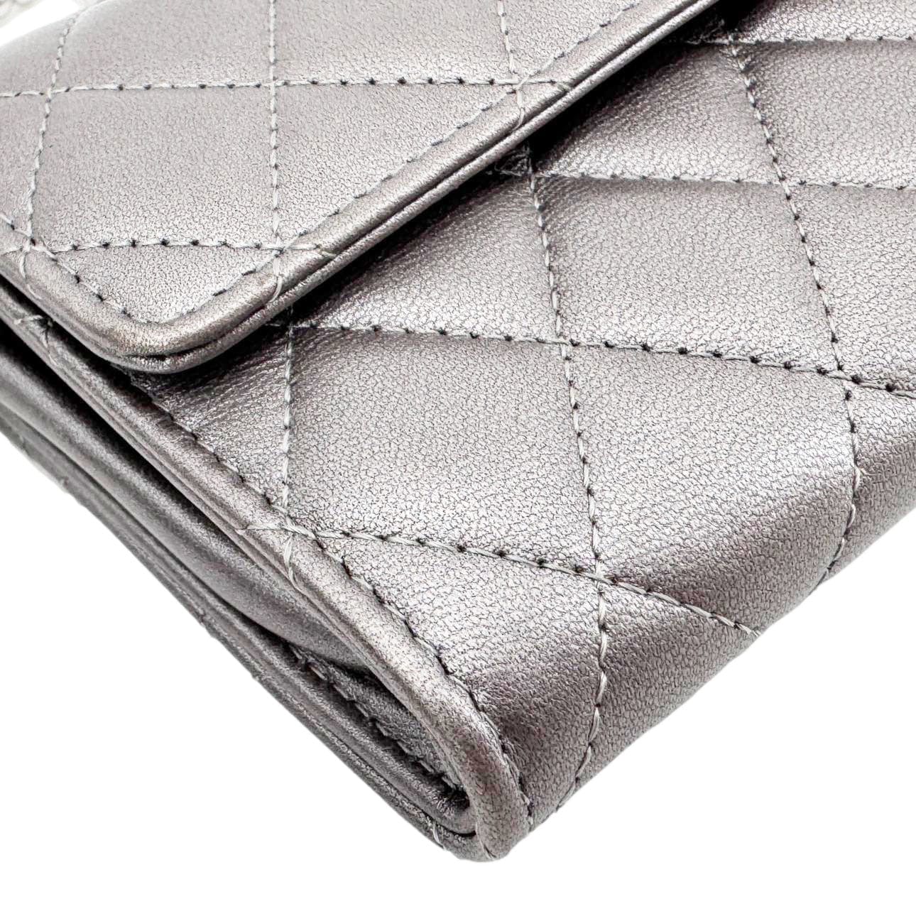 Chanel Pearl My Shoulder Mini Lambskin Quilted Leather Wallet Silver