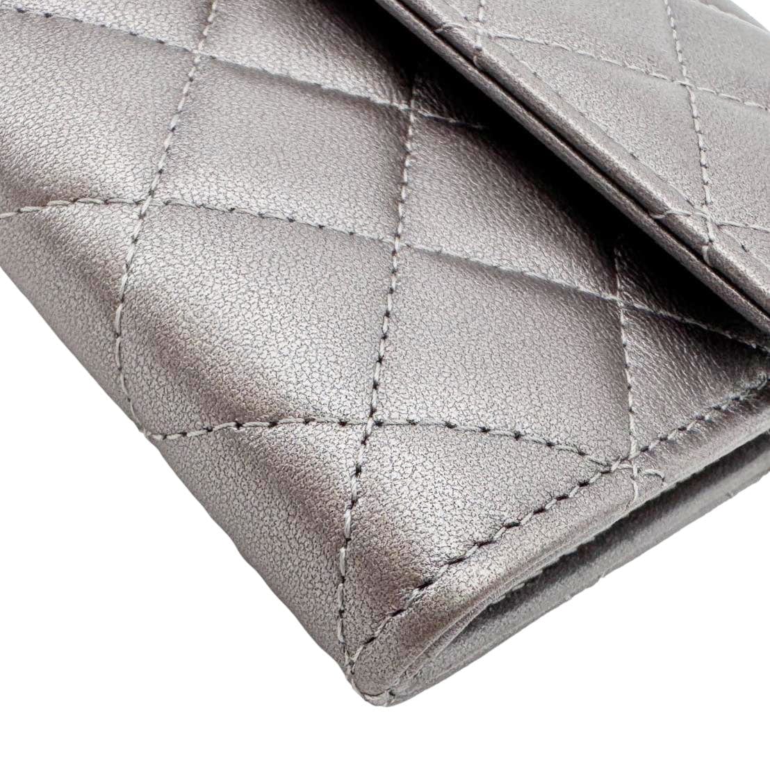 Chanel Pearl My Shoulder Mini Lambskin Quilted Leather Wallet Silver