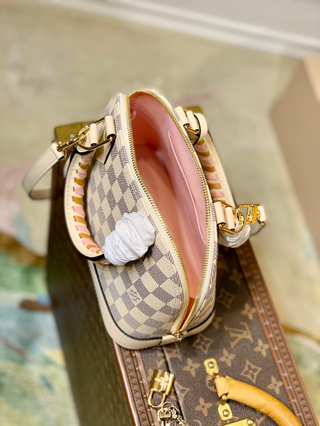 N45294 ALMA BB BAG Damier Azur WHITE WITH PINK N41221