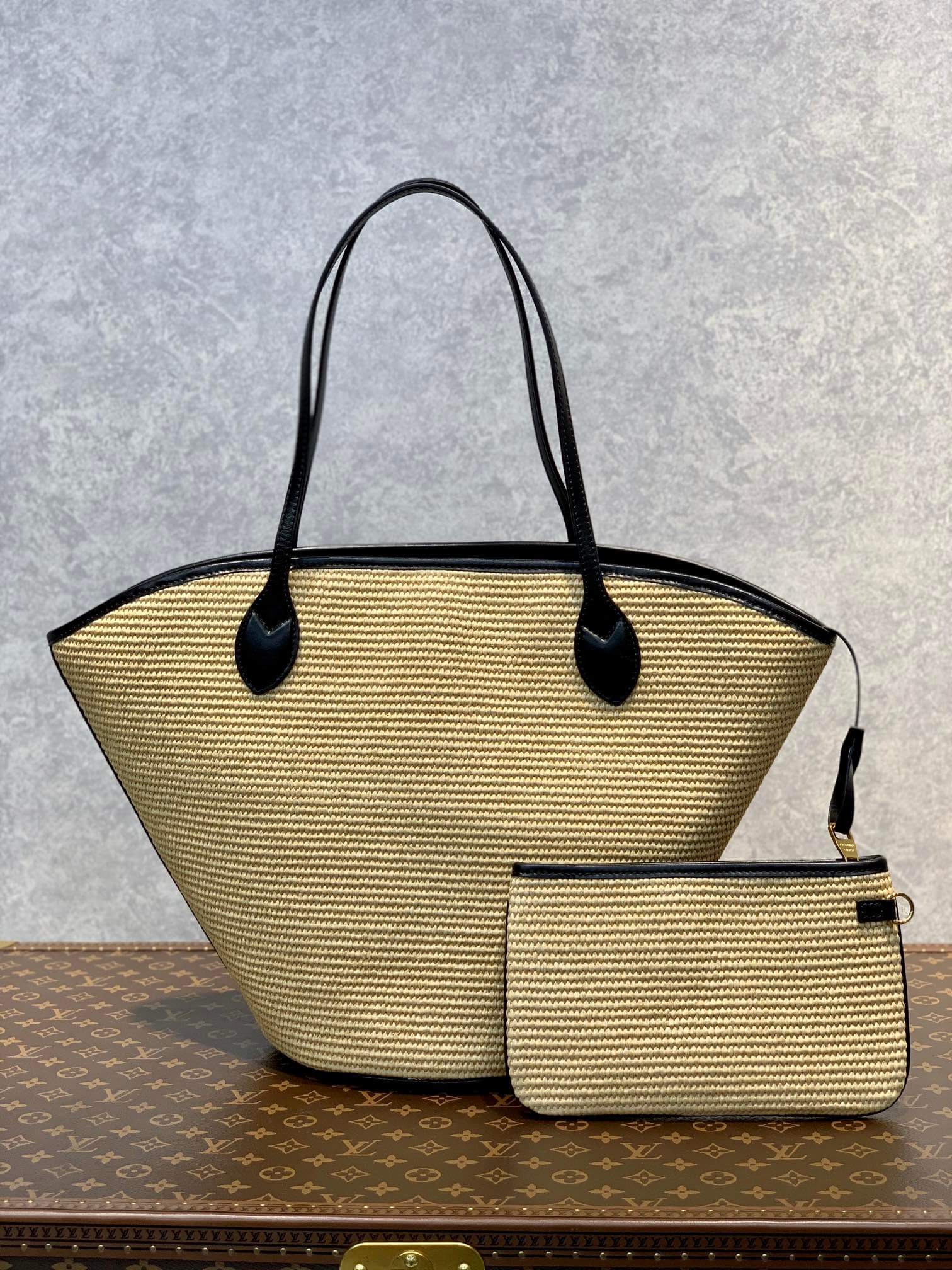M59963 M59808 Black Plain Leather Logo Straw Bags 2022 SS free shipping