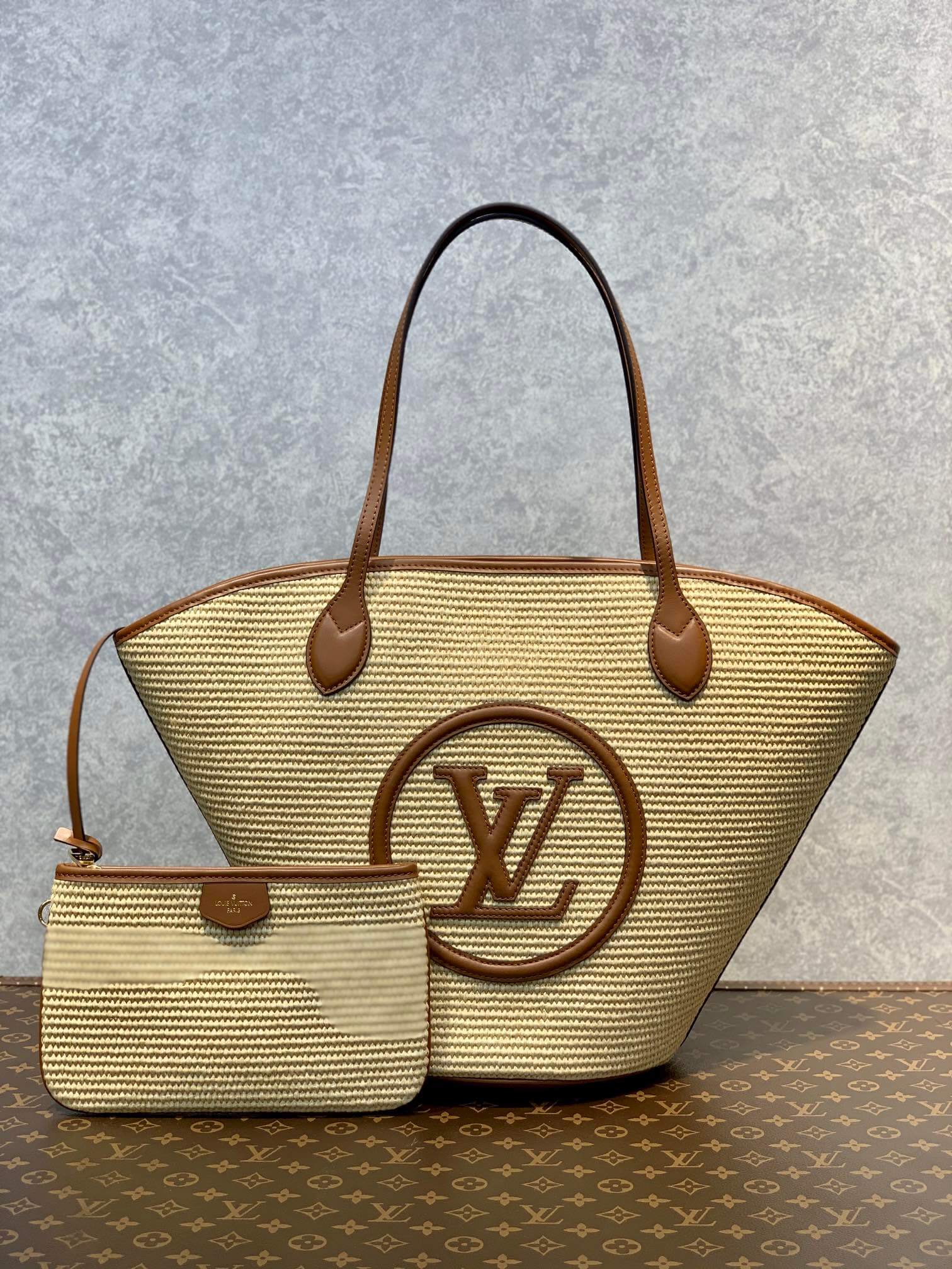 M59963 M59808 Brown Plain Leather Logo Straw Bags 2022 SS free shipping