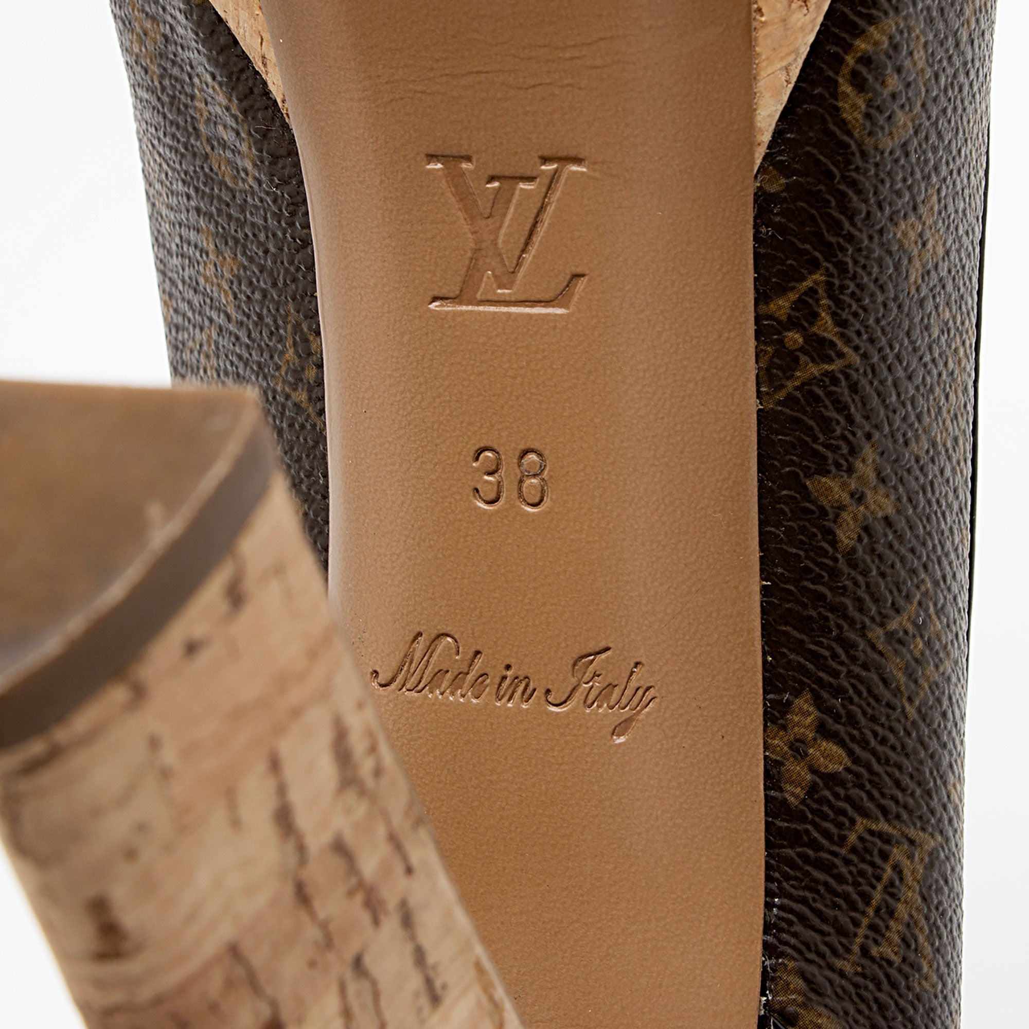 Louis Vuitton Monogram Canvas Cork Rivoli Peep Toe Platform Pumps - Size 8 / 38