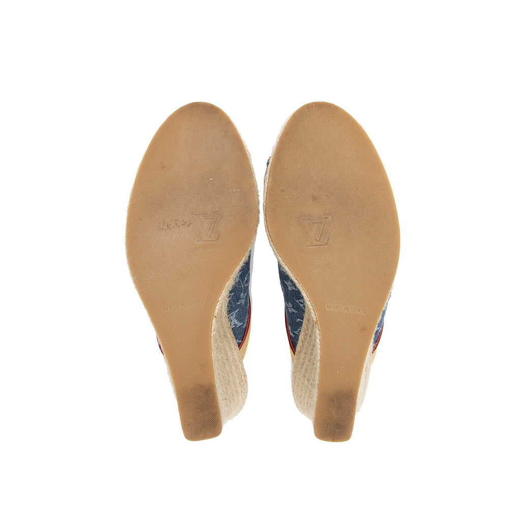 Louis Vuitton Monogram Denim Espadrilles Wedge Sandals - Size 9 / 39 (SHF-23720)