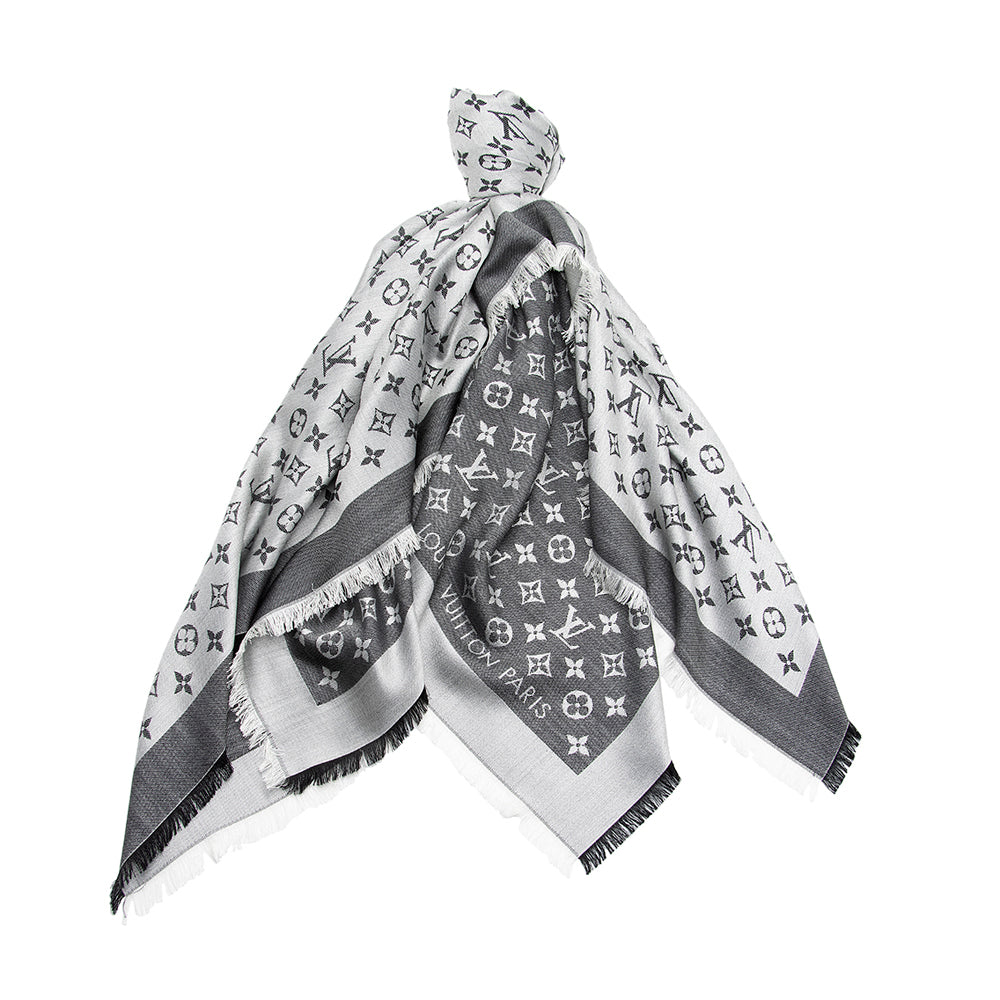 Louis Vuitton Silk & Wool Monogram Denim Monogram Shawl (SHF-21518)