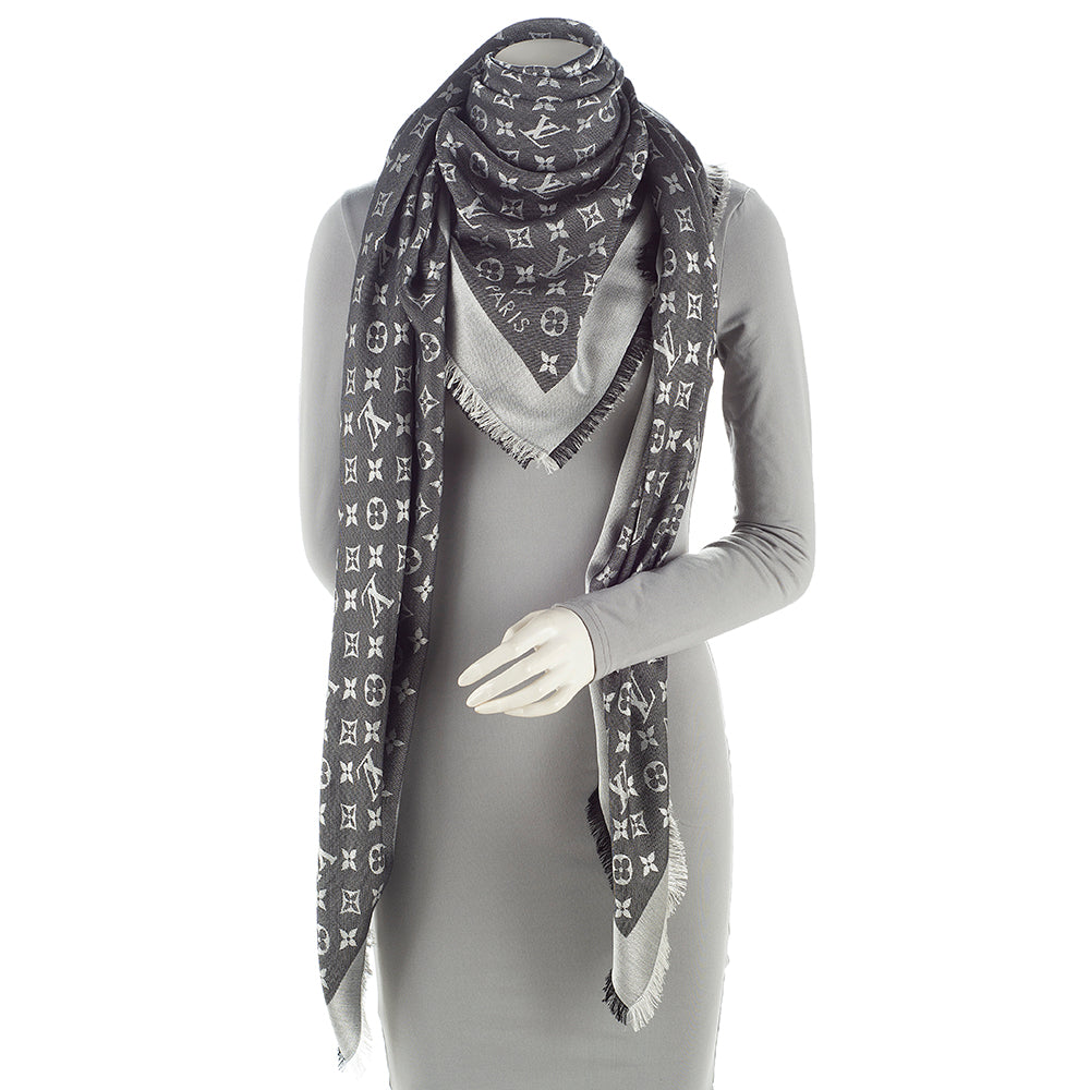 Louis Vuitton Silk & Wool Monogram Denim Monogram Shawl (SHF-21518)