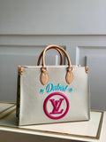 M20815 ONTHEGO TOTE BAG EMBROIDERED AND LEATHER TRIM SMALL 35 white rose