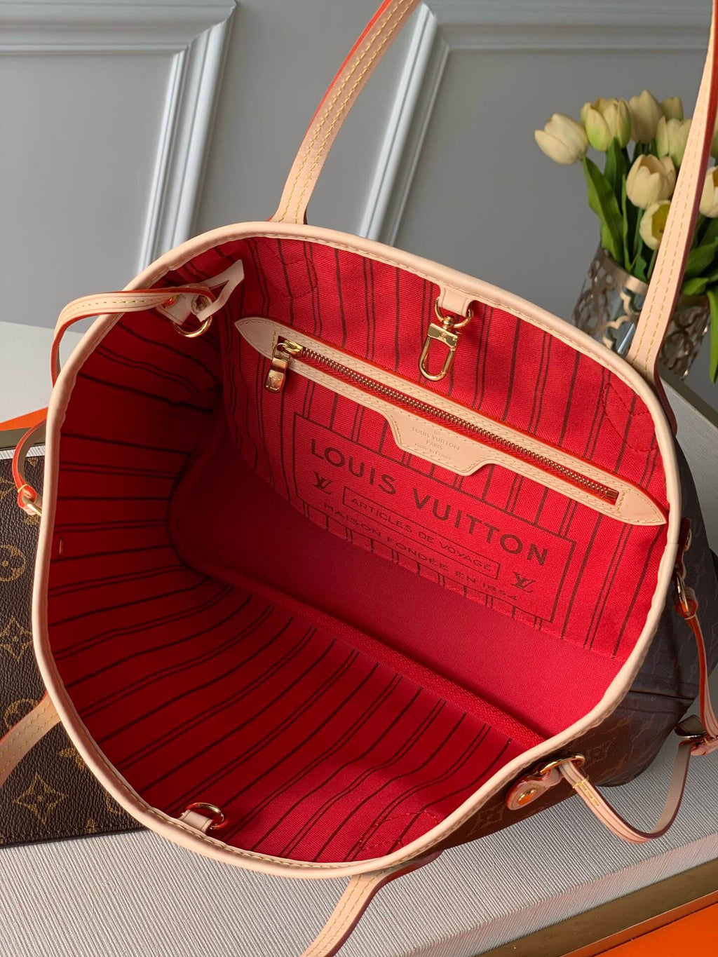M41245 Neverfull PM Monogram Canvas Red inside subaxillary bag Handbag
