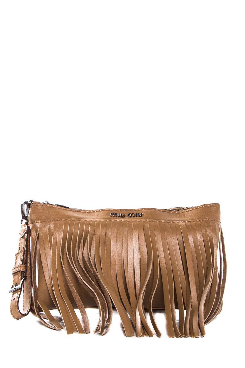 Miu Miu Light Brown Fringe Detail Leather Wristlet Clutch