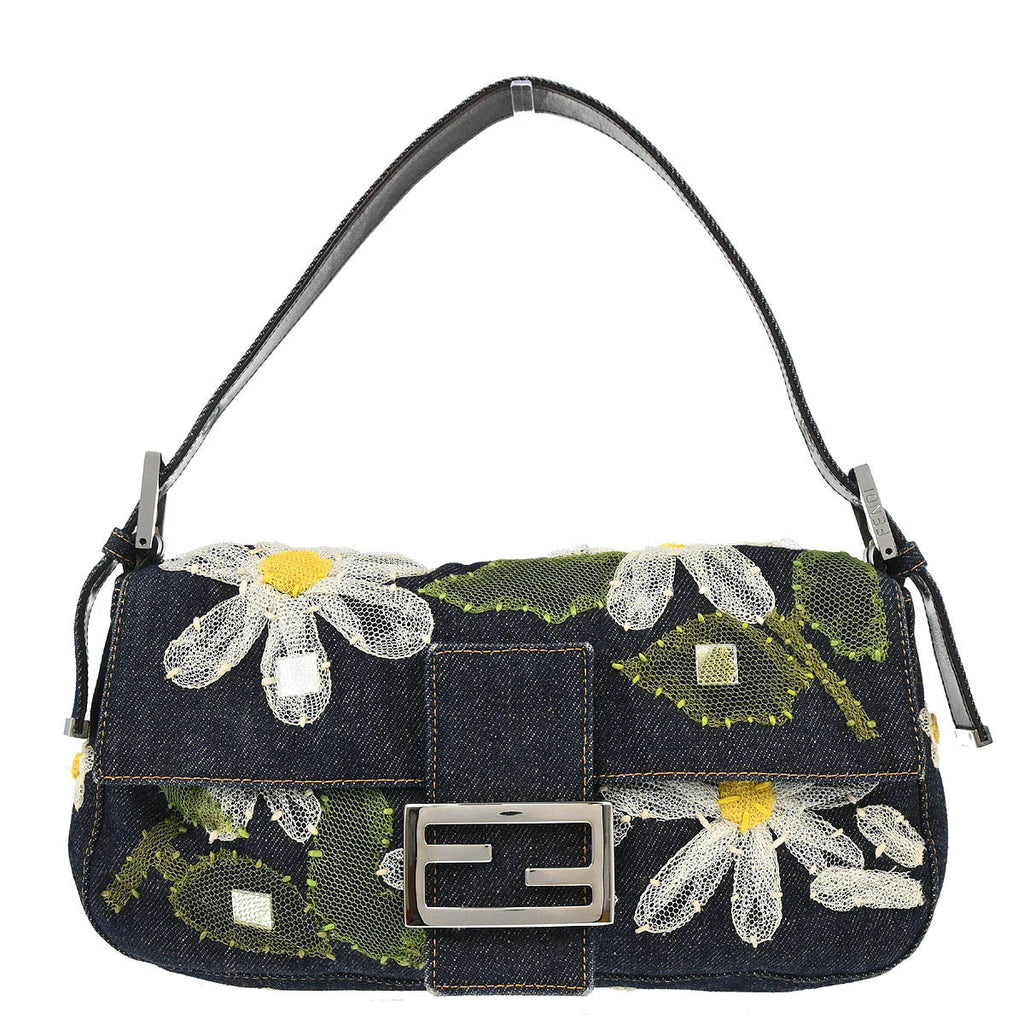 Fendi Navy Denim Floral Baguette Handbag