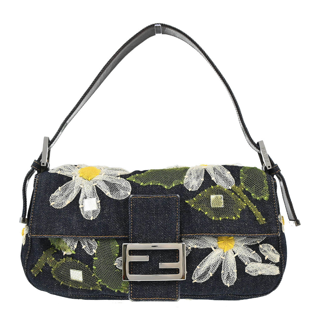 Fendi Navy Denim Floral Baguette Handbag